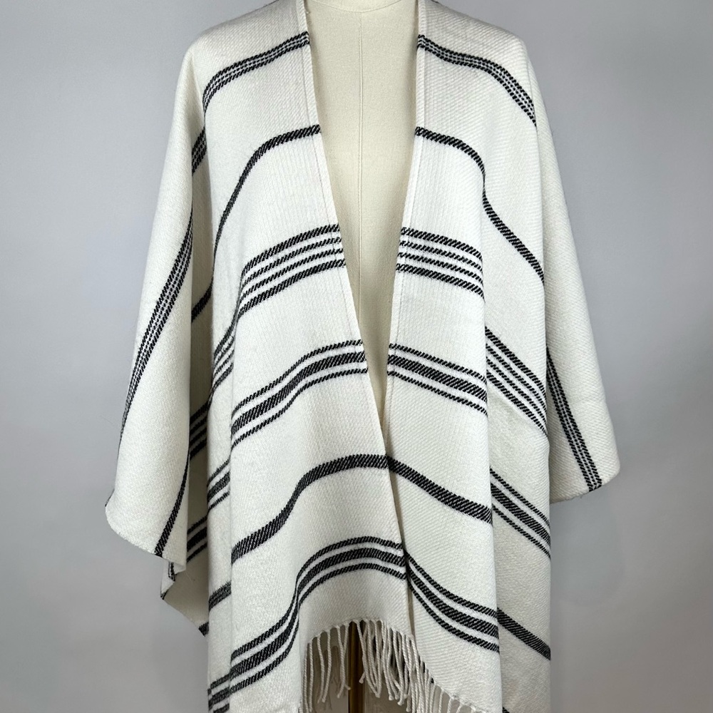 J.Crew Blanket Poncho, Black and White Stripe, Acrylic/Wool, Size M/L
